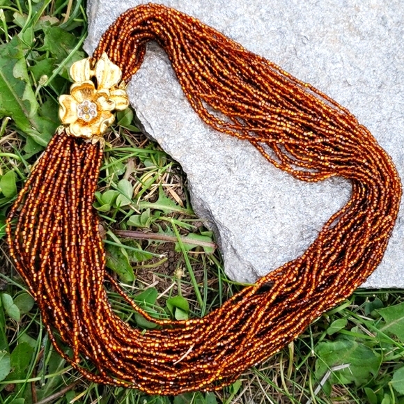 Vintage Jewelry - Vtg Amber Glass Bead Flower RS Torsade Necklace